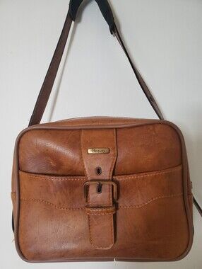 Vintage Unisex 1970s Bravo Brown Vinyl Crossbody Travel Bag / Flight Carry-On